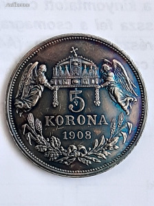 F.J. 5 korona 1908- KB.! aUnc!   Fordított peremes! Szép patina!