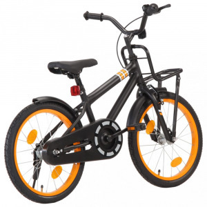 Fekete és narancssárga gyerekkerékpár elülső hordozóval 18 