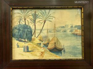 Keretezett antik festmény az 1900-as évek elejéről -  Mediterrán kikötő  / P. Windhaben (?) jelz.