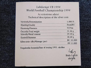 1994-es Labdarúgó VB USA .925 ezüst 1000 Forint 1994 tanúsítványa (id58822)