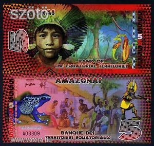Egyenlítői Területek 5 Francs (Amazonas) műanyag bankjegy (UNC) 2014