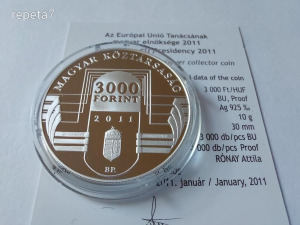 2011 az EU-tanács magyar elnöksége, ezüst 3000forint Proof UNC.