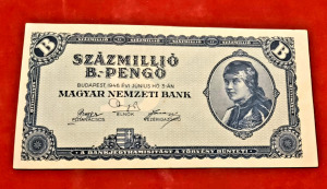 1946. 100 millió B.-Pengő bankjegy, 1 Ft-ról!