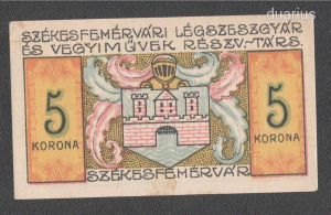 Szükségpénz Székesfehérvár Légszeszgyár 5 Korona 1921