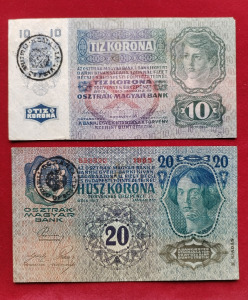 2db, 10, 20 Korona bankjegy Román felülbélyegzéssel.