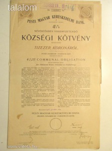 1908.  Pesti Magyar Kereskedelmi Bank-Községi kötvény 10000 koronáról (546)