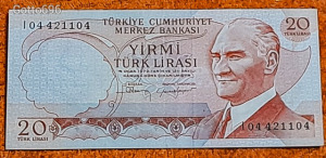 1970 -es ropogós TURKEY - 20 Türk Lirasi vízjeles fémszálas bankó (L0514)