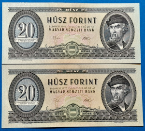 2 db 1975 -ös 20 Forint sorszámkövető bankók ropogós papíron!Ritkábbak!! VF+ (L2273)