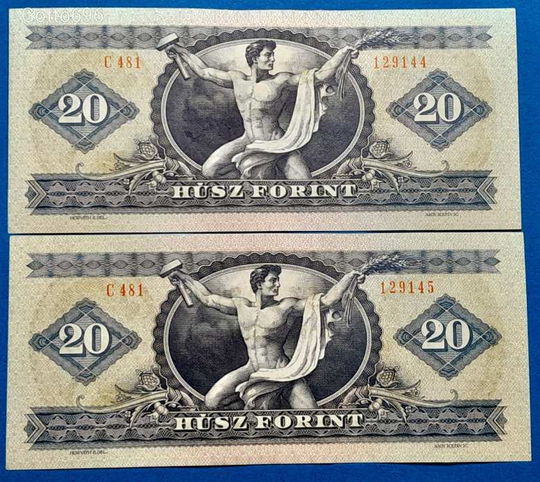 2 db 1975 -ös 20 Forint sorszámkövető bankók ropogós papíron!Ritkábbak!! VF+ (L2273)