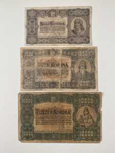 3db 100-1000-10000 korona bankjegy (1923). 1 Ft-os licit! (82)
