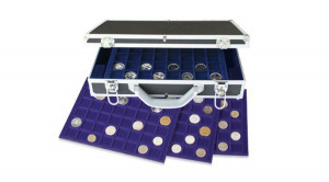 Alumínium érmetartó bőrönd (érmetároló koffer), 6 db választható méretű kék, plüss bevonatú tálcáva