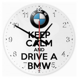 Keep calm and drive BMW kör alakú üveg óra falióra