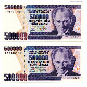 Törökország 500000 Líra Bankjegy 1998 P212 sorszámkövető pár