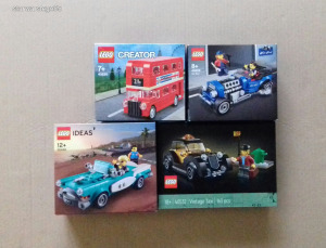 VETERÁN autók: bontatlan LEGO 40220 London Busz + 40409 Hot Rod + 40448 Veterán jármű+ 40532 Taxi