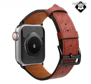 Okosóra szíj - BORDÓ - valódi bőr, légáteresztő, lyukacsos - Apple Watch Series 1/2/3 42mm / 4/5/...