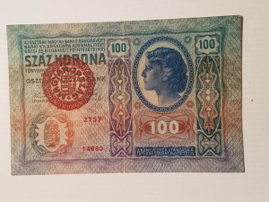 100 korona 1912 (1920) Magyarország felülbélyegzéssel P27 VF ritkább bankjegy