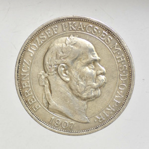 1907  Ferenc József  koronázási  ezüst 5 Korona  VF+   -PR69