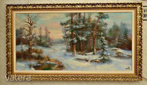 Czinege Zsolt nagyméretű téli tájkép 103x182 cm. Gyönyörű olajfestmény