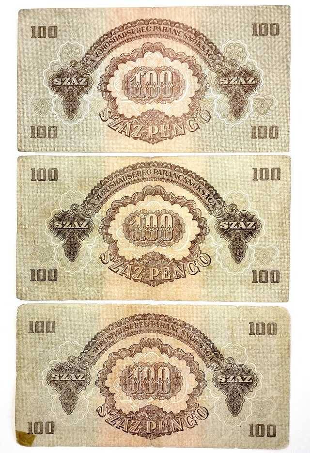 3db Vöröshadsereg 100 Pengő bankjegy - 1944 VH Száz pengő