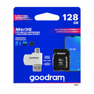 Goodram microSDHC 128GB Class 10 memóriakártya SD adapterrel, Micro USB / USB OTG kártyaolvasóval...