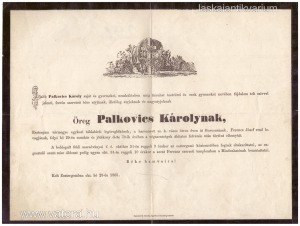 Palkovics Károly, öreg (1787-1865) főorvos gyászjelentése, melyet a család adott ki