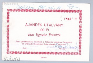 1985. Bástya Áruház-Tótkomlós és Vidéke ÁFÉSZ 100 ft-os ajándék utalványa  (80)