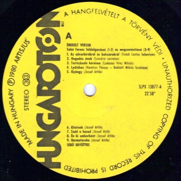Sebő Ferenc - Énekelt Versek - LP - Hungaroton, 1980 - SLPX 13877