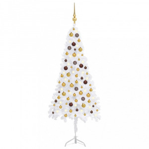 fehér PVC sarok műkarácsonyfa LED-ekkel és gömbszettel 150 cm