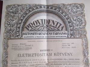 Providencia (Providentia) Biztosító Életbiztosítási és Baleset-biztosítási kötvénye, 1937