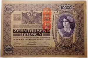 Ausztria 10000 korona 1918 (1919) AUNC P-64 függőleges bélyegzés, ritka, 3+2 sorszámkövető érhető el