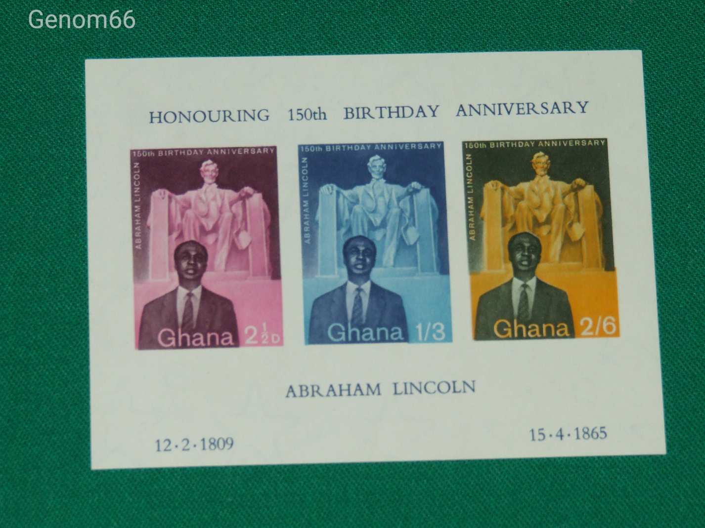 Ghána 1959 Lincoln postatiszta blokk a kereten halvány falcnyommal