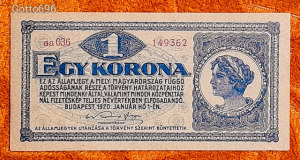 1920 -as AUNC hajtatlan 1 Korona bankó meggypiros sorszámozással !!! (L0595)