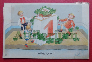 Boldog új évet! Futott grafikai képeslap, 1948! Nagymaros, Vámosmikola. Gyerekek, lóhere, malac.