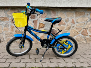 Adria 16-os gyerek, gyermek kerékpár kék-sárga mintás, pótkerekekkel