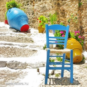 Kész kép feszítőkeretben, Vászonkép, Mediterrán, kő, lépcső, kőfal, korsók, ingyen posta, 60x60