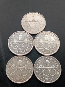 Ezüst 200 Forint, 5db egyben ,1992-1994.Nagyon szép állapotban