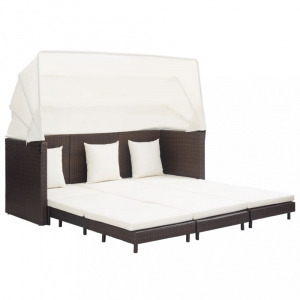 3-személyes barna kinyitható műrattan kanapéágy tetővel