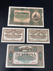 Hajtatalan magyar bankjegyek - 4 db. egyben --- Korona és Fillér bankjegyek 1920-ból...