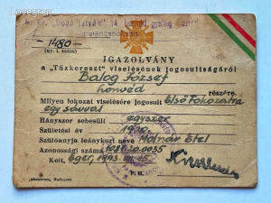 Horthy - Tűzkereszt I. osztály IGAZOLVÁNY - Dobó István 14. honvéd gyalogezred bélyegző