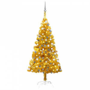 aranyszínű PET megvilágított műkarácsonyfa gömb szettel 120 cm