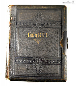 1888 BÓL ANTIK BŐRKÖTÉSES KORABELI NAGYMÉRETŰ BIBLIA X
