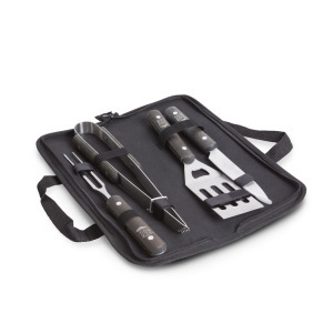 Grillező eszköz készlet + táska /// 4 db-os - Rozsdamentes acél fa nyél / csipesz húsvilla lapát kés