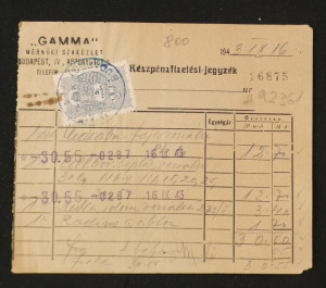 Gamma mérnöki szaküzlet számla 1943