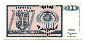Horvátország 1000 Dinár Bankjegy 1992 PSR5a KNIN