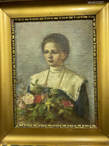 Antik olajfestmény,keretében - Győrffy Juliska festőművész -  Ila 12 éves  c. portréja