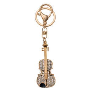 Fém kulcstartó hegedűvel, ezüst színű üveggyönggyel