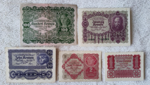 Osztrák korona sor (1922) – 1, 2, 10, 20, 100 (aUNC-VF) | 5 db bankjegy