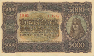 5000 Korona 1923.07.01. (5B 03)  F++. Magyar Pénzjegynyomda Rt.