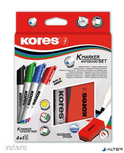Tábla- és flipchart marker készlet mágneses táblatörlő szivaccsal, 3-5 mm, vágott, KORES, 4 külön...