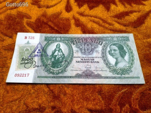 1936 -os Ropogós 10 pengő 1948 M.N.B. felülbélyegzés bankó 1000 adópengő bélyeg Ritka!!! (L1077)